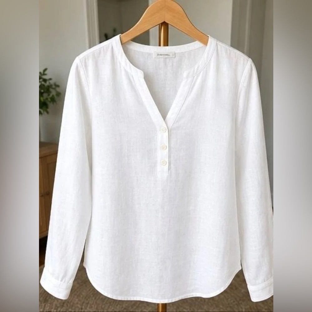 Women's White Long-Sleeve Henley Button-Down Linen Top
